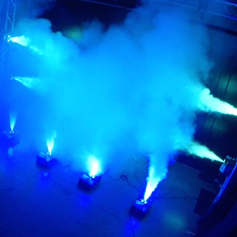 The ADJ Fog Fury Jett is a high velocity vertical Fog Machine that mixes color into the fog from 12x 3-Watt RGBA LEDs