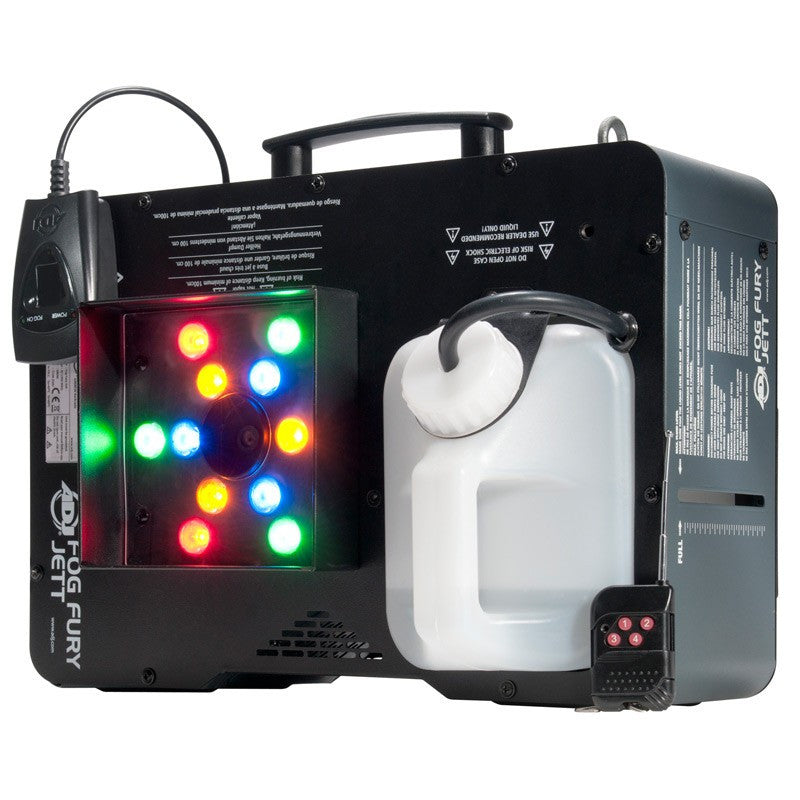 The American DJ Fog Fury Jett is a high velocity vertical Fog Machine that mixes color into the fog from 12x 3-Watt RGBA LEDs