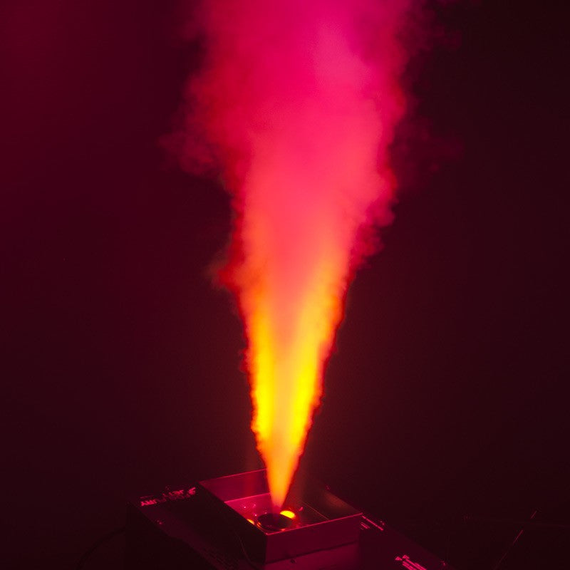 The ADJ Fog Fury Jett is a high velocity vertical Fog Machine that mixes color into the fog from 12x 3-Watt RGBA LEDs